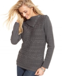 Stay warm in Karen Scott's soft sweater, featuring elevated touches like buttons at the neckline and textural cable-knit. Stay warm in Karen Scott's soft sweater, featuring elevated touches like buttons at the neckline and textural cable-knit.