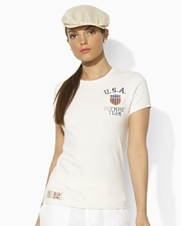 Drawing inspiration from vintage styles, this short-sleeved tee in smooth cotton jersey with faded graphics and timeworn embroidery celebrates Team USA's participation in the 2012 Olympics. Drawing inspiration from vintage styles, this short-sleeved tee in smooth cotton jersey with faded graphics and timeworn embroidery celebrates Team USA's participation in the 2012 Olympics.