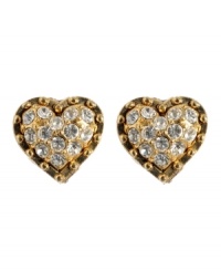 Show your adoration for flashy design with these fabulous heart studs by Betsey Johnson. Earrings boast a crystal-dusted surface with a beaded edge design. Crafted in antique gold tone mixed metal. Show your adoration for flashy design with these fabulous heart studs by Betsey Johnson. Earrings boast a crystal-dusted surface with a beaded edge design. Crafted in antique gold tone mixed metal.