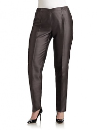 THE LOOKThe elegant texture of raw silk in a lustrous silk/cotton blendSmooth waistband with elasticized side insetsSide zip and button closeFront and back dartsStraight legUnfinished hemTHE FITRise, about 10½Inseam, about 33THE MATERIAL57% silk/43% cottonCARE & ORIGINDry cleanMade in Italy THE LOOKThe elegant texture of raw silk in a lustrous silk/cotton blendSmooth waistband with elasticized side insetsSide zip and button closeFront and back dartsStraight legUnfinished hemTHE FITRise, about 10½Inseam, about 33THE MATERIAL57% silk/43% cottonCARE & ORIGINDry cleanMade in Italy