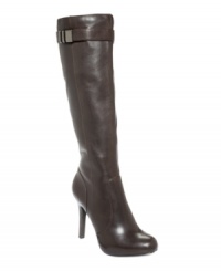 Sleek and sexy. Alfani's Jada dress boots feature a polished round toe and tall side zipper and are decorated with a shiny buckle at the top of the shaft. Sleek and sexy. Alfani's Jada dress boots feature a polished round toe and tall side zipper and are decorated with a shiny buckle at the top of the shaft.