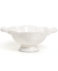 Embossed designs, graceful beading and gently distressed accents give this handled Blanc bowl the classic, romantic feel of Versailles Maison's charming dinnerware collection. Embossed designs, graceful beading and gently distressed accents give this handled Blanc bowl the classic, romantic feel of Versailles Maison's charming dinnerware collection.