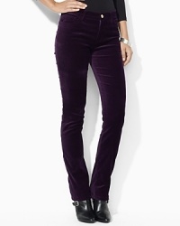 Designed in stretch velveteen for comfort and a flattering fit, this modern jean is designed in a sleek silhouette with a chic straight leg. Designed in stretch velveteen for comfort and a flattering fit, this modern jean is designed in a sleek silhouette with a chic straight leg.