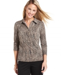 Give your weekend look a little kick with this petite polo from Alfani! A versatile print makes it easy to create a variety of outfits. Give your weekend look a little kick with this petite polo from Alfani! A versatile print makes it easy to create a variety of outfits.