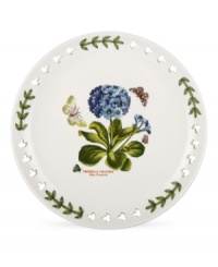 Plant this pierced accent plate alongside other classic pieces from Portmeirion's Botanic Garden dinnerware collection for added charm. Lifelike primrose flowers bloom and entice colorful butterflies on white porcelain with a triple-leaf border. Plant this pierced accent plate alongside other classic pieces from Portmeirion's Botanic Garden dinnerware collection for added charm. Lifelike primrose flowers bloom and entice colorful butterflies on white porcelain with a triple-leaf border.