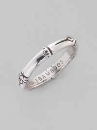 From the Bamboo Collection. This slim, sterling silver design was expressly created to support an afforestation project on Nusa Penida, an arid island off the coast of Bali. For every purchase, John Hardy will donate a portion of the retail price to the cost of planting bamboo. Inside engraving reads, This ring planted 3 bamboos on Nusa Penida JH. Sterling silver Width, about ¼ Made in Bali From the Bamboo Collection. This slim, sterling silver design was expressly created to support an afforestation project on Nusa Penida, an arid island off the coast of Bali. For every purchase, John Hardy will donate a portion of the retail price to the cost of planting bamboo. Inside engraving reads, This ring planted 3 bamboos on Nusa Penida JH. Sterling silver Width, about ¼ Made in Bali