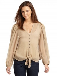 THE LOOKV necklineButton-front closure with tie detailLong sleeves with lace detailElastic cuffsSheer, crinkled silkTHE FITAbout 23½ from shoulder to hemTHE MATERIALSilkCARE & ORIGINDry cleanImportedModel shown is 5' 9½ (176cm) wearing US size Small. THE LOOKV necklineButton-front closure with tie detailLong sleeves with lace detailElastic cuffsSheer, crinkled silkTHE FITAbout 23½ from shoulder to hemTHE MATERIALSilkCARE & ORIGINDry cleanImportedModel shown is 5' 9½ (176cm) wearing US size Small.