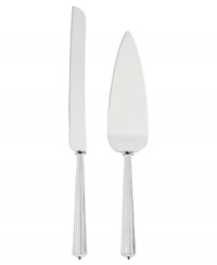 Start a sweet tradition for the bride and groom with Modern Love giftware. This cake knife and server share fluted handles and a brilliant gleam in polished silver plate, perfect for slicing their first piece of wedding cake. Start a sweet tradition for the bride and groom with Modern Love giftware. This cake knife and server share fluted handles and a brilliant gleam in polished silver plate, perfect for slicing their first piece of wedding cake.