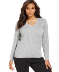 Look casually chic in Karen Scott's long sleeve plus size sweater, crafted from a cabled knit-- grab all the colors at an Everyday Value! Look casually chic in Karen Scott's long sleeve plus size sweater, crafted from a cabled knit-- grab all the colors at an Everyday Value!