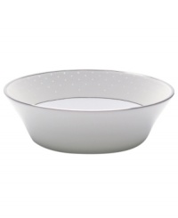 A modern shape and everyday size make this beautiful bowl handy for any meal. The Pointe d'Esprit pattern captures the effervescence of celebration, with raised dots that flow from platinum-rimmed edges like a shower of confetti. A modern shape and everyday size make this beautiful bowl handy for any meal. The Pointe d'Esprit pattern captures the effervescence of celebration, with raised dots that flow from platinum-rimmed edges like a shower of confetti.
