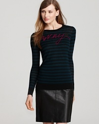 Crisp stripes and statement sparkle combine for a truly lustrous DKNY sweater--a luxe layering piece for the season. Crisp stripes and statement sparkle combine for a truly lustrous DKNY sweater--a luxe layering piece for the season.