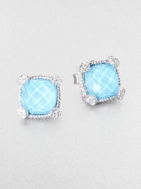 From the Linen Collection. A faceted turquoise doublet is gracefully accented by white sapphires at the heart-shaped corners in this pretty stud set in sterling silver.TurquoiseWhite sapphireSterling silverAbout .33 squarePost backImported From the Linen Collection. A faceted turquoise doublet is gracefully accented by white sapphires at the heart-shaped corners in this pretty stud set in sterling silver.TurquoiseWhite sapphireSterling silverAbout .33 squarePost backImported