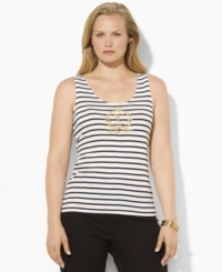 Lauren by Ralph Lauren's classic striped cotton plus size tee is embellished with a gold-tone crest at the front for regal style. Lauren by Ralph Lauren's classic striped cotton plus size tee is embellished with a gold-tone crest at the front for regal style.