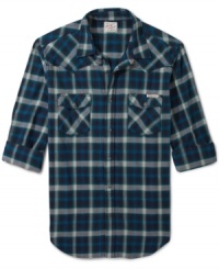 This shirt makes being stylish a snap! This Lucky Brand Jeans button down has a classic plaid fit and a western fit. This shirt makes being stylish a snap! This Lucky Brand Jeans button down has a classic plaid fit and a western fit.