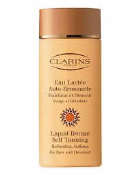 Liquid Bronze Self Tanning for Face and Decollete is as refreshing as water and gentle as milk. 4.2 oz. · A fast, mistake-proof way to achieve a natural-looking tan · Dries instantly with a perfectly matte finish · Irresistible jasmine and violet fragrance · Results within 2 hours Liquid Bronze Self Tanning for Face and Decollete is as refreshing as water and gentle as milk. 4.2 oz. · A fast, mistake-proof way to achieve a natural-looking tan · Dries instantly with a perfectly matte finish · Irresistible jasmine and violet fragrance · Results within 2 hours
