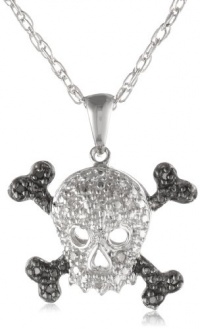 Sterling Silver Black and White Diamond Skull Pendant Necklace