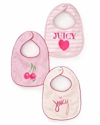 A set of three adorable Juicy Couture bibs with cherry graphics and snap closures. A set of three adorable Juicy Couture bibs with cherry graphics and snap closures.
