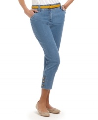 Freshen up your everyday look in these denim capris from Charter Club. The medium blue wash and cropped leg add springtime style! Freshen up your everyday look in these denim capris from Charter Club. The medium blue wash and cropped leg add springtime style!