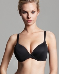 Deep plunging push-up bra with molded cups and graduated bump up pads for an enhanced look. Double, thin decorative linguine straps and mesh on wings for extra support. Adjustable straps. Hook and eye closure. Style #2215 Deep plunging push-up bra with molded cups and graduated bump up pads for an enhanced look. Double, thin decorative linguine straps and mesh on wings for extra support. Adjustable straps. Hook and eye closure. Style #2215