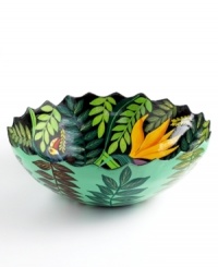 Birds of a feather and birds of paradise flock together on this vibrant bowl, handcrafted in papier-mache and painted to evoke the lush, tropical landscape of Haiti. Birds of a feather and birds of paradise flock together on this vibrant bowl, handcrafted in papier-mache and painted to evoke the lush, tropical landscape of Haiti.