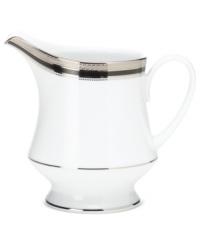 An instant classic, the Austin Platinum creamer from Noritake layers ribbons of black, patterned platinum bands and shimmering dots in white fine china. An instant classic, the Austin Platinum creamer from Noritake layers ribbons of black, patterned platinum bands and shimmering dots in white fine china.