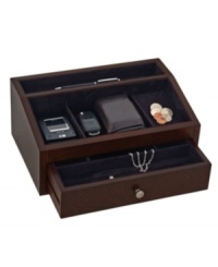 Get him to unload his pockets in one place! Rich mahogany wood and plush suede lining make the Jackson jewelry chest from Reed & Barton the best place to put a wallet, cell phone, change and more. With a divided drawer for rings and chains. Get him to unload his pockets in one place! Rich mahogany wood and plush suede lining make the Jackson jewelry chest from Reed & Barton the best place to put a wallet, cell phone, change and more. With a divided drawer for rings and chains.