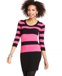 Get right in stripes in Pink Rose's bold and comfy three-quarter sleeve sweater dress! Get right in stripes in Pink Rose's bold and comfy three-quarter sleeve sweater dress!