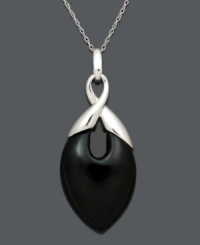 Decorate your neckline in ornate design. This sleek pendant features a black onyx drop (9-25 mm) with a sterling silver crisscross setting and chain. Approximate length: 18 inches. Approximate drop: 1-3/4 inches. Decorate your neckline in ornate design. This sleek pendant features a black onyx drop (9-25 mm) with a sterling silver crisscross setting and chain. Approximate length: 18 inches. Approximate drop: 1-3/4 inches.