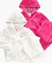 This velour hoodie and pants set by Pink Rose offers a comfy, cute and complete look. This velour hoodie and pants set by Pink Rose offers a comfy, cute and complete look.