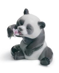 A cheerful panda trades his bamboo lunch in for a purple bloom in this irresistible Lladro collectible, handcrafted in fine porcelain. A cheerful panda trades his bamboo lunch in for a purple bloom in this irresistible Lladro collectible, handcrafted in fine porcelain.