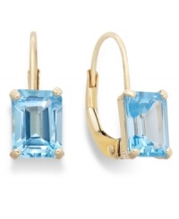 Ocean-blue hues. Add a vibrant pop of color to your look with emerald-cut blue topaz (2 ct. t.w.) set in luminous 14k gold. Approximate drop: 1/2 inch. Ocean-blue hues. Add a vibrant pop of color to your look with emerald-cut blue topaz (2 ct. t.w.) set in luminous 14k gold. Approximate drop: 1/2 inch.