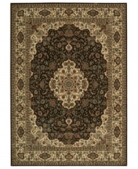 Distinctive flair with roots in Persian design. This exquisitely ornate area rug is abound in deep, sumptuous chocolate tones, highlighted by a dramatic central medallion, and crafted from Nourison's own Opulon™ yarns for a densely woven pile with long-lasting color retention and durability. Distinctive flair with roots in Persian design. This exquisitely ornate area rug is abound in deep, sumptuous chocolate tones, highlighted by a dramatic central medallion, and crafted from Nourison's own Opulon™ yarns for a densely woven pile with long-lasting color retention and durability.