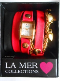 La Mer Collections Red Strappy Wrap Watch w/Gold Finish Chain & Heart Retail $50