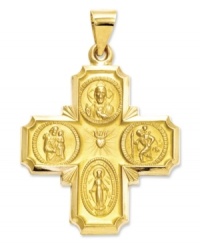Keep the faith. This stunning four-way medal charm depicts four religious scenes including the Sacred Heart, St. Christopher, Miraculous and St. Joseph. Text reads I am a Catholic, please call a priest at the back. Crafted in 14k gold. Chain not included. Approximate length: 1-3/10 inches. Approximate width: 1 inch. Keep the faith. This stunning four-way medal charm depicts four religious scenes including the Sacred Heart, St. Christopher, Miraculous and St. Joseph. Text reads I am a Catholic, please call a priest at the back. Crafted in 14k gold. Chain not included. Approximate length: 1-3/10 inches. Approximate width: 1 inch.