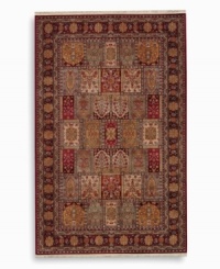 A striking example of classic Bakhtiyari designs, this rug features organic motifs in a panel design of reds, greens and golds, finished with a rosette border. A special antique wash enhances and harmonizes the burnished colors to create a rich vintage finish. Woven in the USA of luxuriously soft premium worsted New Zealand wool. A striking example of classic Bakhtiyari designs, this rug features organic motifs in a panel design of reds, greens and golds, finished with a rosette border. A special antique wash enhances and harmonizes the burnished colors to create a rich vintage finish. Woven in the USA of luxuriously soft premium worsted New Zealand wool.