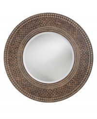 The Hampton mirror's round frame features a striking ring design that mimics a marble mosaic finished with a gorgeous patina. Its eclectic elegance makes it suitable for many contemporary spaces. The Hampton mirror's round frame features a striking ring design that mimics a marble mosaic finished with a gorgeous patina. Its eclectic elegance makes it suitable for many contemporary spaces.