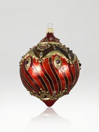 The Heritage of Jay Strongwater began as the bejeweled frame with beautiful stone settings and scrolls, becoming the source of inspiration for this season's new glass ornament collection. This ornament is mouth blown and decorated in Poland with a wonderful team of old world craftsmen. Detailed with crystals, hand applied jewel tone colors and scrolls as if it were a fine piece of jewelry.GlassCrystalMouth blownHand-painted and hand-set5.5H X 3.75W X 4DImported The Heritage of Jay Strongwater began as the bejeweled frame with beautiful stone settings and scrolls, becoming the source of inspiration for this season's new glass ornament collection. This ornament is mouth blown and decorated in Poland with a wonderful team of old world craftsmen. Detailed with crystals, hand applied jewel tone colors and scrolls as if it were a fine piece of jewelry.GlassCrystalMouth blownHand-painted and hand-set5.5H X 3.75W X 4DImported