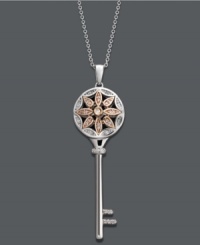 A key you'll want to keep close to your heart. An exquisite, cut-out floral pattern decorates the top of this unique pendant. Crafted in 14k rose gold and sterling silver with sparkling round-cut diamonds (1/6 ct. t.w.). Approximate length: 18 inches. Approximate drop: 1-3/4 inches. A key you'll want to keep close to your heart. An exquisite, cut-out floral pattern decorates the top of this unique pendant. Crafted in 14k rose gold and sterling silver with sparkling round-cut diamonds (1/6 ct. t.w.). Approximate length: 18 inches. Approximate drop: 1-3/4 inches.