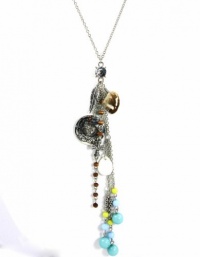 GUESS Silver Tone Y-Necklace, with Heart and Feather Charms, Blue Beads GUESS Silver Tone Y-Necklace, with Heart and Feather Charms, Blue Beads