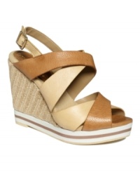 Summer sandals go sporty with an athletic-inspired platform design by Gunmetal. The Christina wedges are your go-to go-everywhere sandal with their two-tone leather and braided heel. Summer sandals go sporty with an athletic-inspired platform design by Gunmetal. The Christina wedges are your go-to go-everywhere sandal with their two-tone leather and braided heel.