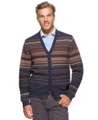 Add a classic to your wardrobe with this always on-trend fair isle cardigan sweater from Argyleculture. Add a classic to your wardrobe with this always on-trend fair isle cardigan sweater from Argyleculture.
