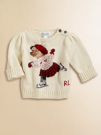An essential cotton crewneck design features an adorable intarsia-knit skating bear and snowflake buttons along the shoulder.Ribbed crewneckLong puff sleevesShoulder buttonsCottonMachine washImported Please note: Number of buttons may vary depending on size ordered. An essential cotton crewneck design features an adorable intarsia-knit skating bear and snowflake buttons along the shoulder.Ribbed crewneckLong puff sleevesShoulder buttonsCottonMachine washImported Please note: Number of buttons may vary depending on size ordered.