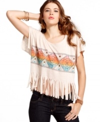 Fringes galore add boho flavor to this tribal print top from Miss Chevious! For a look that's trend-forward and super cool, pair the top with your number one skinny jeans! Fringes galore add boho flavor to this tribal print top from Miss Chevious! For a look that's trend-forward and super cool, pair the top with your number one skinny jeans!
