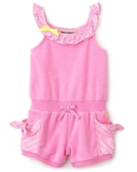 In the softest cotton terry, Juicy Couture's ruffle-trimmed romper boasts sweet bow details and striped jersey trim.