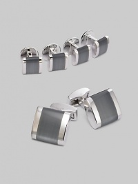 A luxury set that appoints a formal look with polished style, defined by fiber-optic glass band detail in rhodium-plated metal. Set includes 2 cuff links and 4 matching shirt studs Cuff links: about ¾ square Shirt studs: about ¼ square Imported 