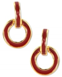 Go for bold pops of color. Anne Klein's 80s-inspired doorknocker earrings feature the fab pairing of red enamel with golden tones. Crafted in gold tone mixed metal. Approximate drop: 1-1/2 inches. Go for bold pops of color. Anne Klein's 80s-inspired doorknocker earrings feature the fab pairing of red enamel with golden tones. Crafted in gold tone mixed metal. Approximate drop: 1-1/2 inches.