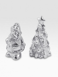 Get into the spirit of the season with these charming salt-and-pepper shakers, handcrafted from recycled aluminum in the shapes of Santa and a Christmas tree. Includes one salt and one pepper shakerRecycled aluminumEach: 4½H X 2½ diam.Hand washImported Get into the spirit of the season with these charming salt-and-pepper shakers, handcrafted from recycled aluminum in the shapes of Santa and a Christmas tree. Includes one salt and one pepper shakerRecycled aluminumEach: 4½H X 2½ diam.Hand washImported