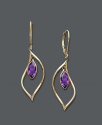A regal look. Earrings feature bezel-set amethyst drops (1-3/4 ct. t.w.) crafted in a dainty 14k gold hoop setting. Approximate drop: 1-1/2 inches. A regal look. Earrings feature bezel-set amethyst drops (1-3/4 ct. t.w.) crafted in a dainty 14k gold hoop setting. Approximate drop: 1-1/2 inches.