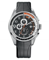 A multifunctional watch with an everyday style, from Hugo Boss. Black rubber strap. Silvertone stainless steel round case. Round black chronograph dial with three subdials, date window, logo and numerical indices. Quartz movement. Water resistant to 100 meters. Two-year limited warranty. A multifunctional watch with an everyday style, from Hugo Boss. Black rubber strap. Silvertone stainless steel round case. Round black chronograph dial with three subdials, date window, logo and numerical indices. Quartz movement. Water resistant to 100 meters. Two-year limited warranty.