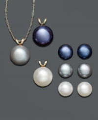 Pearl earrings and a matching pendant for every ensemble. Mix and match three colors of cultured freshwater pearl earrings and pendants (9-9-1/2 mm) for easy accessorizing. Set in 14k gold. Approximate necklace length: 18 inches. Approximate pendant drop: 1/2 inch. Pearl earrings and a matching pendant for every ensemble. Mix and match three colors of cultured freshwater pearl earrings and pendants (9-9-1/2 mm) for easy accessorizing. Set in 14k gold. Approximate necklace length: 18 inches. Approximate pendant drop: 1/2 inch.